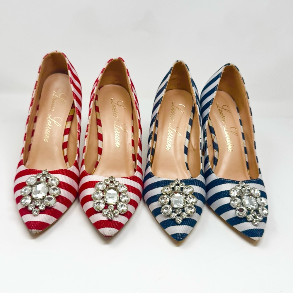 2 pair Striped Red and Blue Women's Shoes with Crystal Embellishments